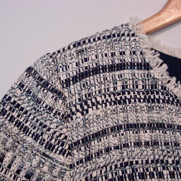 Trina Turk Tweed Midi Dress Navy White Shift V-neck Fringe Business Office 8 - Picture 5 of 16